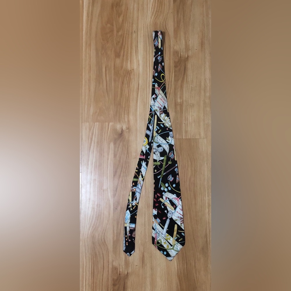 Nicole Miller Black Necktie with Colorful Tool & Ribbon Motif